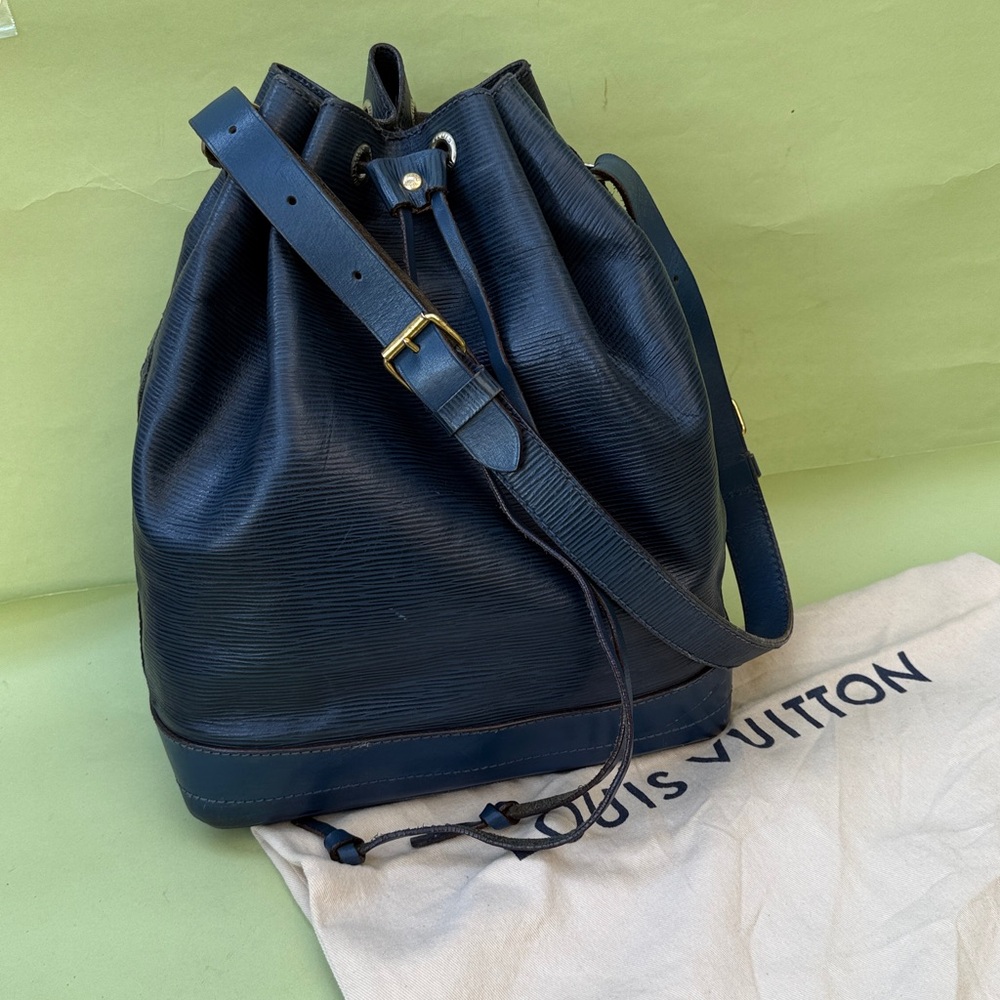 Vintage 80’s dark teal Louis Vuitton large leather bucket bag with dust bag